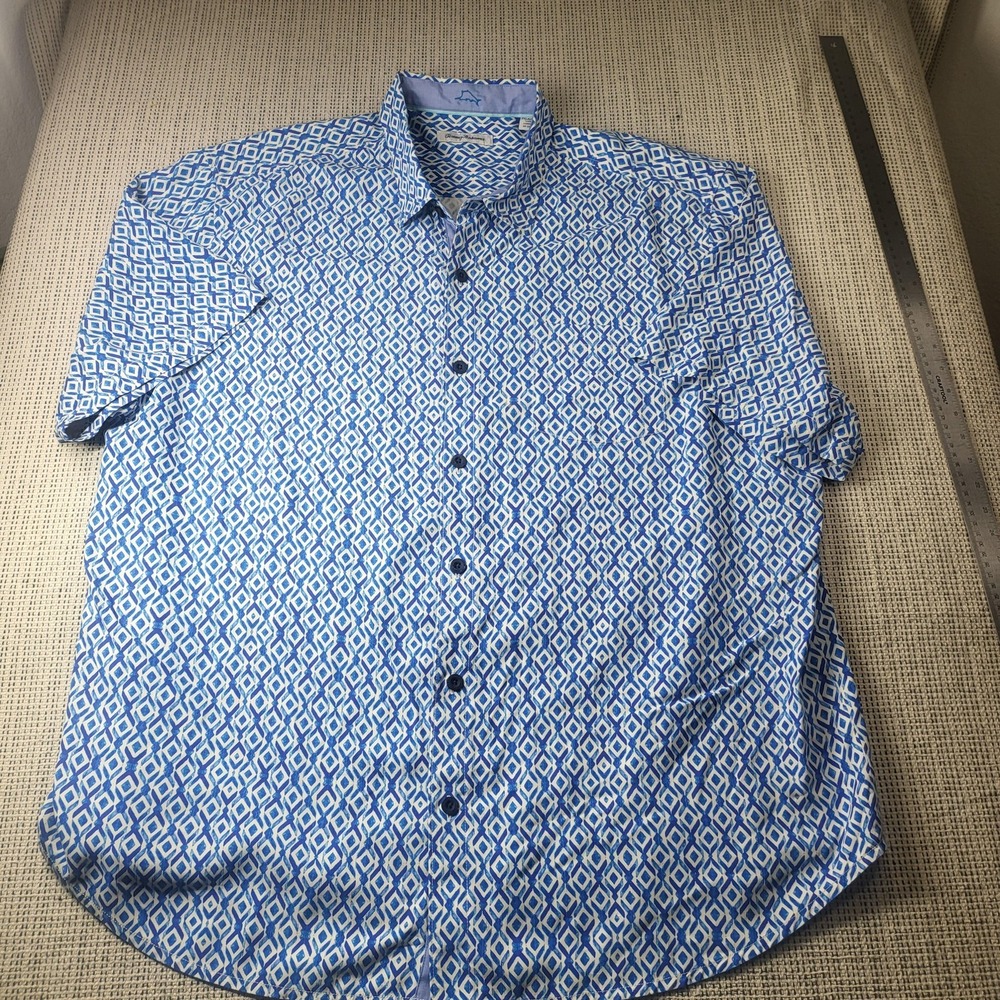 Tommy Bahama Shirt Mens Big 2X Blue Geometric‎ Short Sleeve Button Front Casual